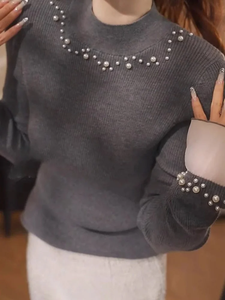 

Ele Long Sve вязаный свитер женский Base irt простой дизайн Pearl Embellied Crew Ne Top корейский Sle Faionable