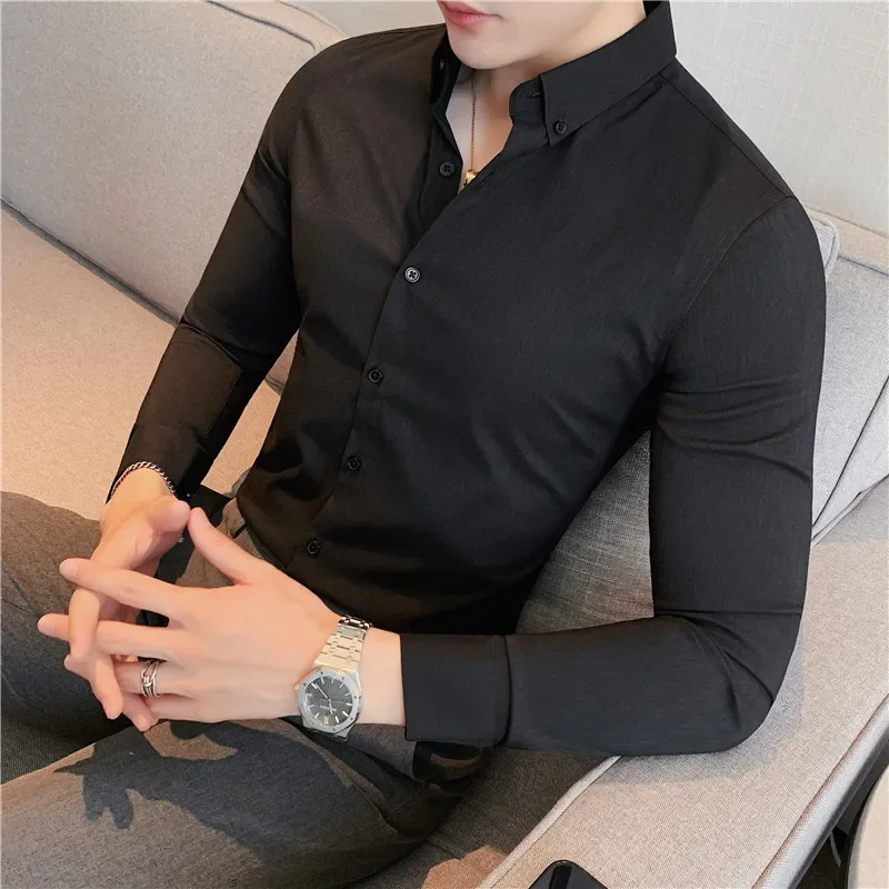 British Style Men Long Sleeved Shirt 2024 Autumn Anti-wrinkle Soft Solid Casual Elastic Slim Fit Camisas Y Blusas Men Clothing