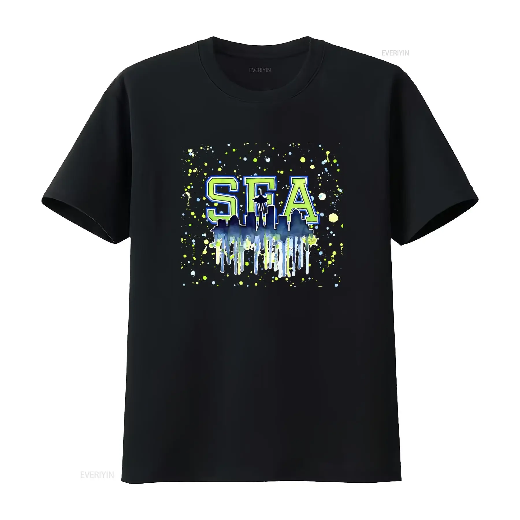 Seattle Watercolor Space Needle Art Painting T Shirt 12th Man Go Seahawks Design vintage Washed streetwear homme Unisex