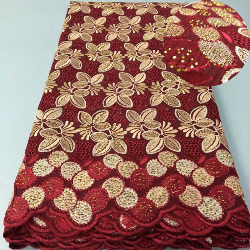 Red Embroidered Nigerian Cotton Lace Fabric 2024 High Quality 5 Yard Swiss Lace African Fabric Elegant Dress for Women Sew A3913