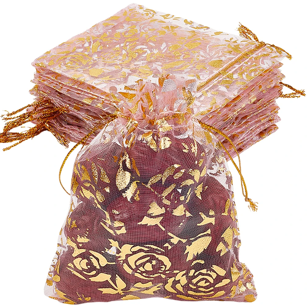 100Pcs 3.9 x 4.7 inch Drawstring Organza Pouch Small Jewelry Gift Bags Bulk Gold Rose Flower Printed Jewelry Cosmetic Gifts