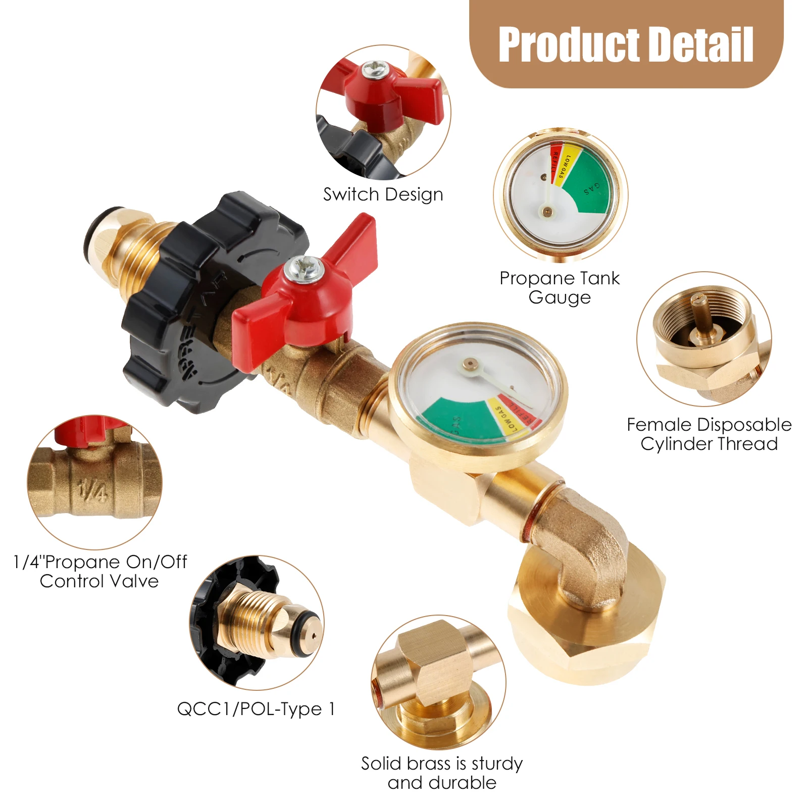 Adaptador de recarga de propano con manómetro, adaptador de presión de recarga de 90 grados, adaptador de tanque de propano de latón sólido, recarga de propano reutilizable