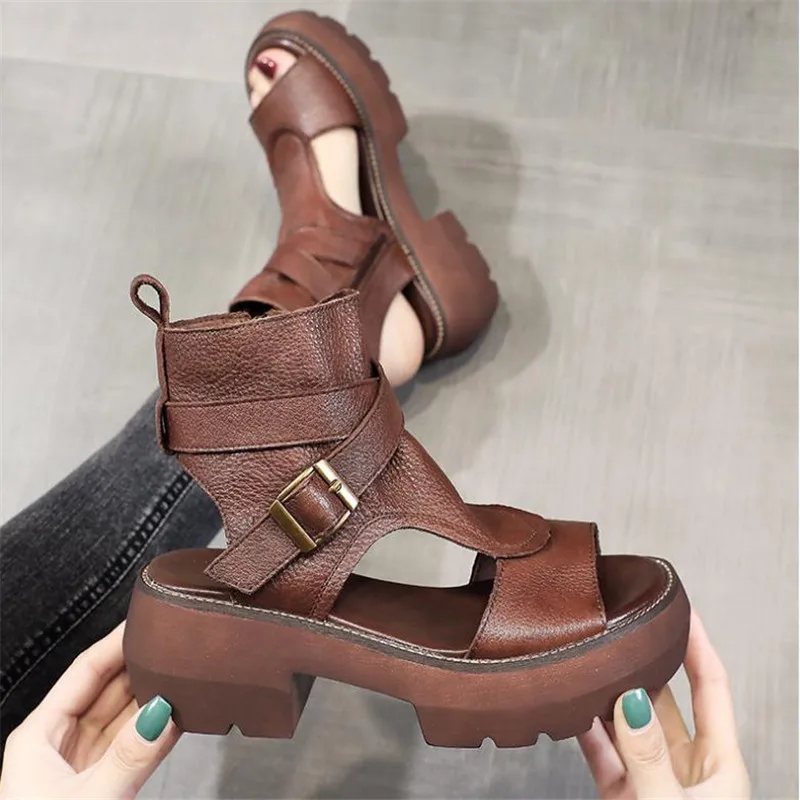 2022 New Summer Black Women Leather Sandals Cool Boots Platform Shoes Wedges Sandals Women Shoes Fashion Outdoor Sandals