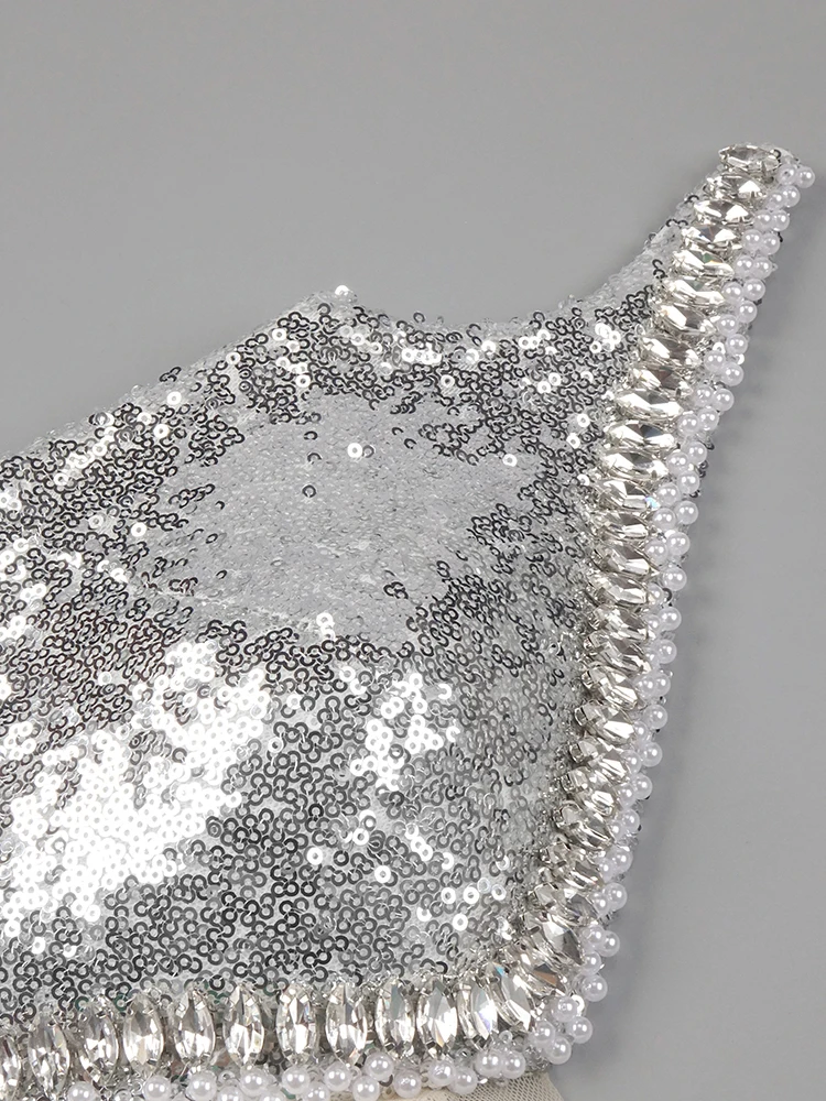 Silver Sequins  Strapless Mermaid Long Dress Backless SparklyRhinestones Cut Out Prom Celebrity Cocktail Party Evening Gown