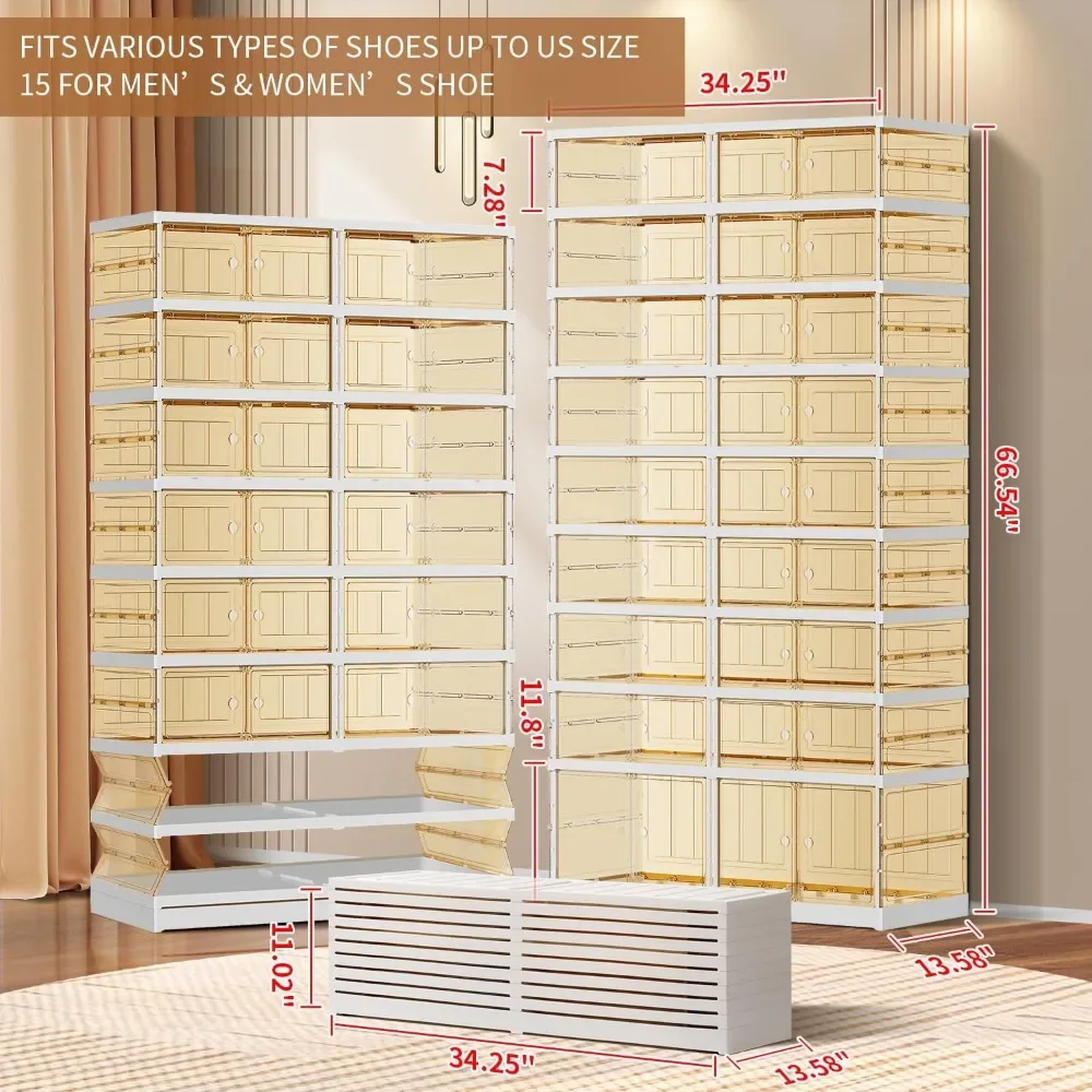 9-Tier Foldable Shoe Rack for Closet Entryway 18-36Pairs,Stackable Clear Shoe Storage Boxes Organizer Easy Assembly Large