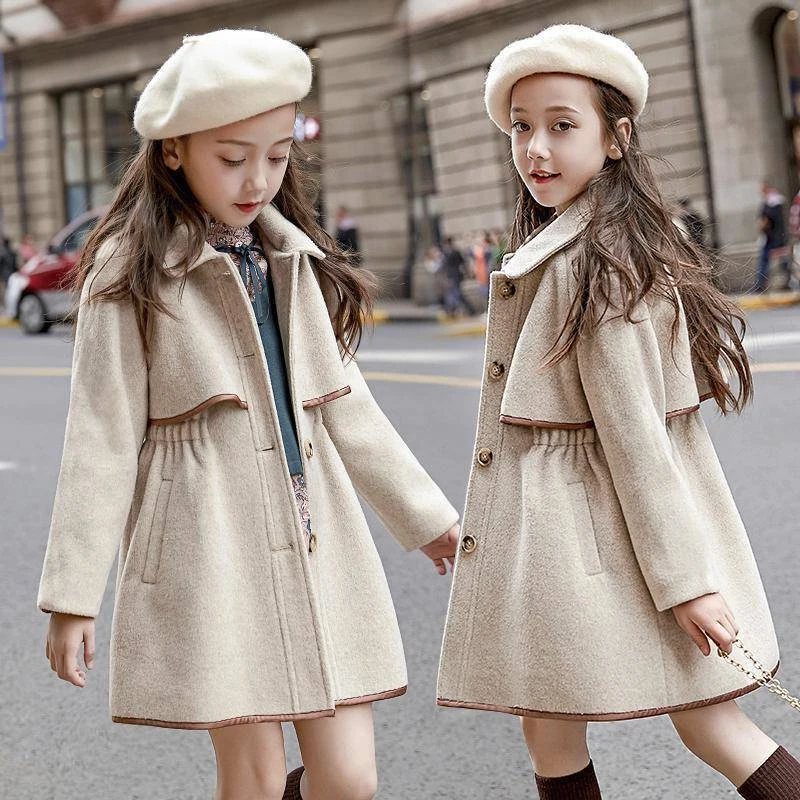 Fashion Winter Girls Woolen Coats 2023 New Thicken Warm Outerwear Kids Clothing Windproof Woolen Jackets Teens Girls Long Coats