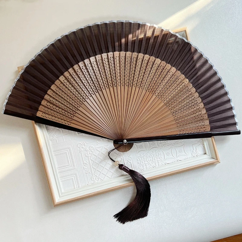 Brown Hollow Carved Folding Fan Portable Summer Cooling Daily Fan for Women Cheongsam Dance Gift Chinese Style Photo Prop