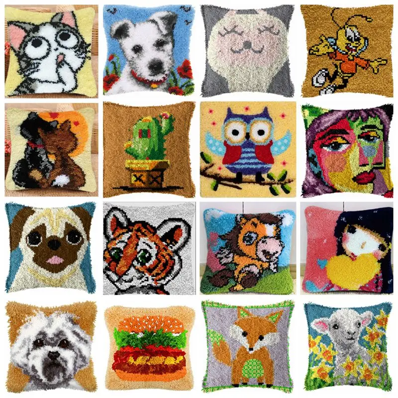 

Fox Cat Dog Animal Series Latch Hook Kits 3D Segment Embroidery Pillow Wool Cross Stitch Carpet Embroidery DIY Latch Hook Pillow