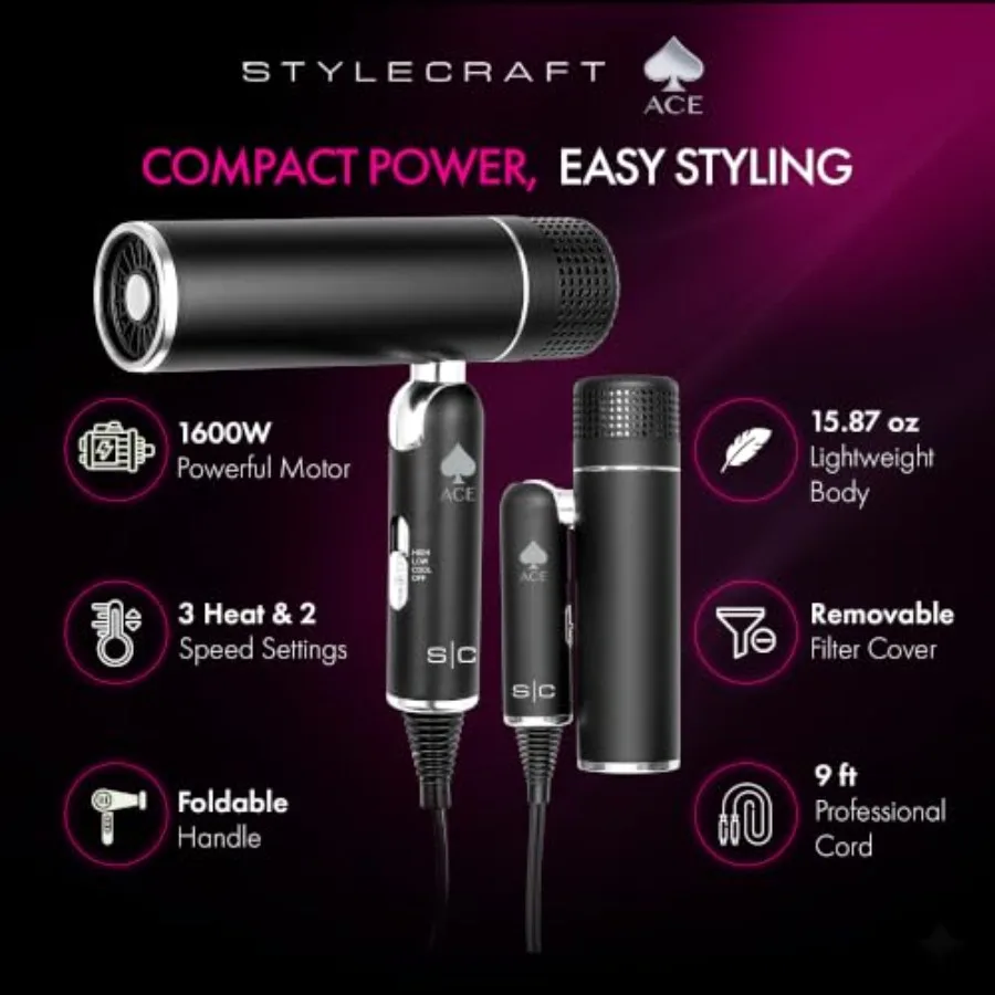 Travel-friendly foldable hair dryer for on-the-go use, ABS plastic in matte black, 1600W high-speed low-noise motor with 3 heat