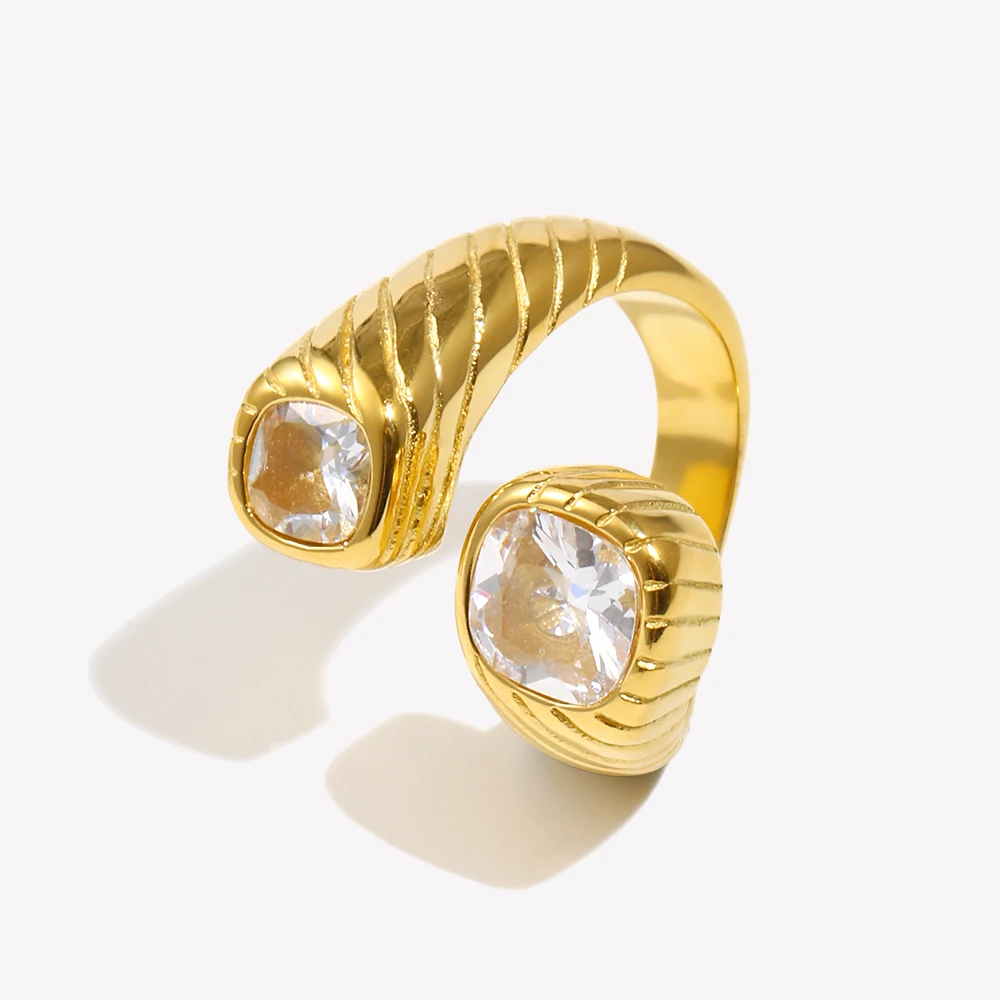 E.B.belle Hypoallergenic Double End Zircon Stripe Pattern Opening Ring Creative Stainless Steel Ring Jewelry For Women Girls