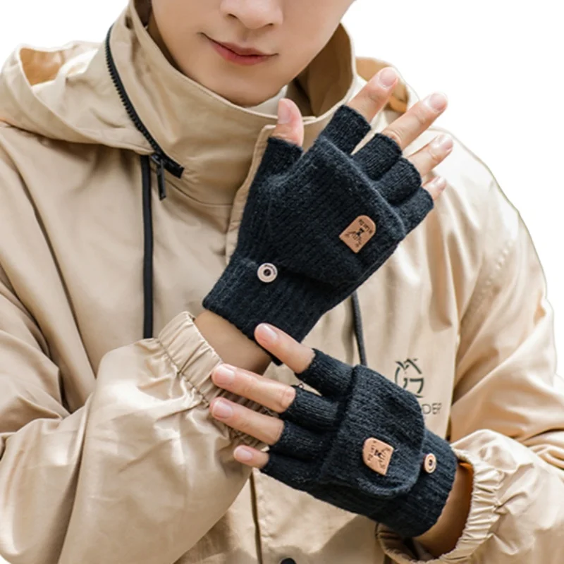 Men Autumn and Winter Half Finger Flip Up Gloves Knitted Wool Fingerless Student Writing Warm Office Korean Style Gloves