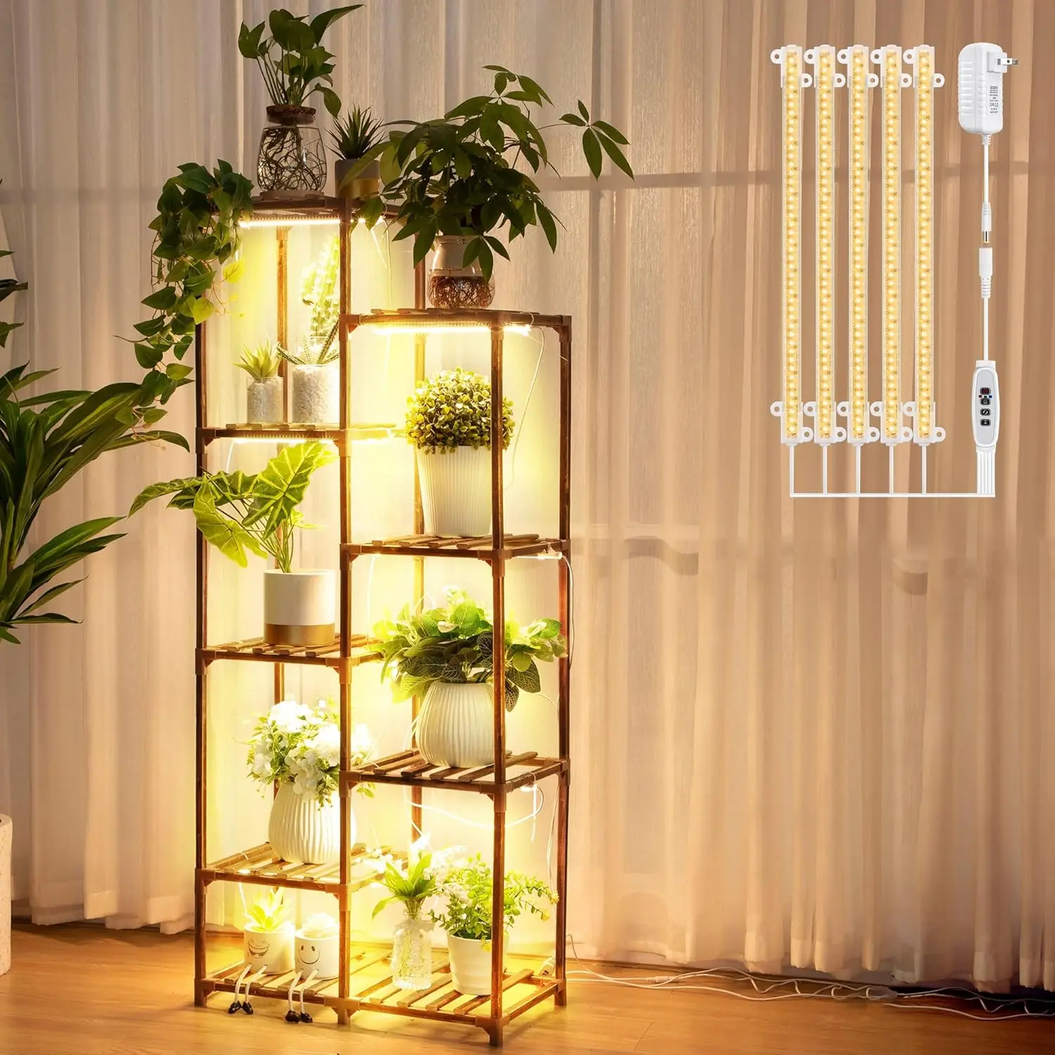 

8-Tier Indoor Plant Stand with Full Spectrum Grow Light, 62" Tall Wood Shelf for Home & Patio