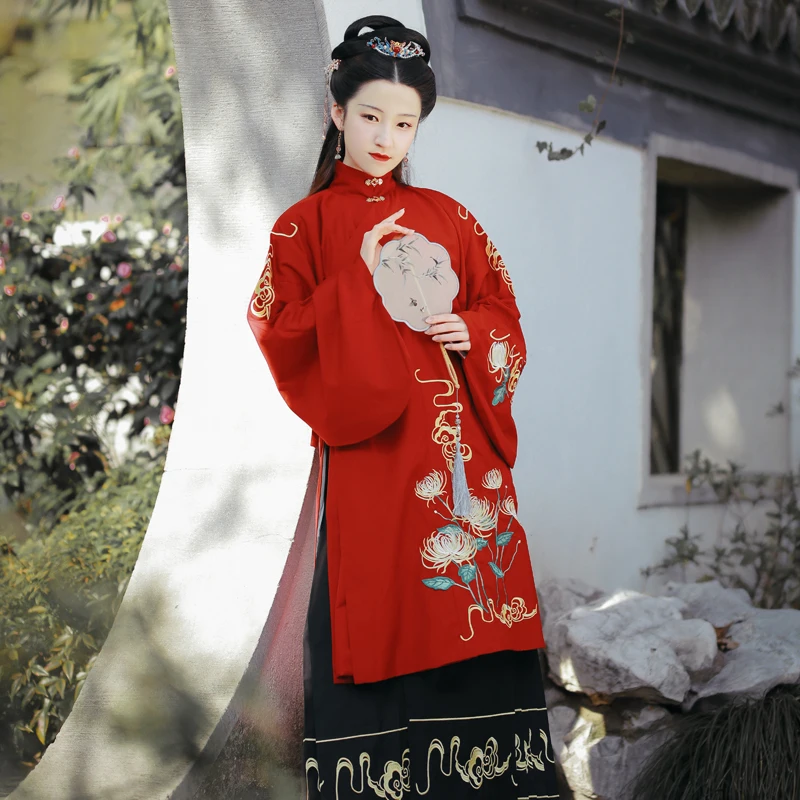 

Traditional Hanfu Women's Embroidered Stand Collar Side Button Long Coat Skirt Sve Spring Seasonal Faion Clothing