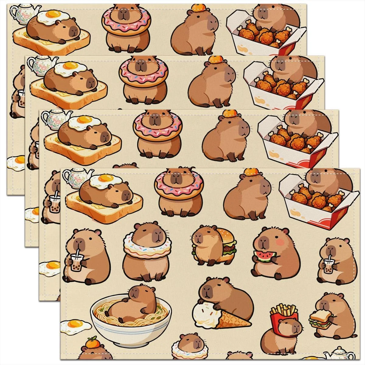 4/6/8pc Cute Capybara Linen Placemats Kawaii Animal Food Pattern Dining Table Mats Washable Kitchen Place Mats For Kids