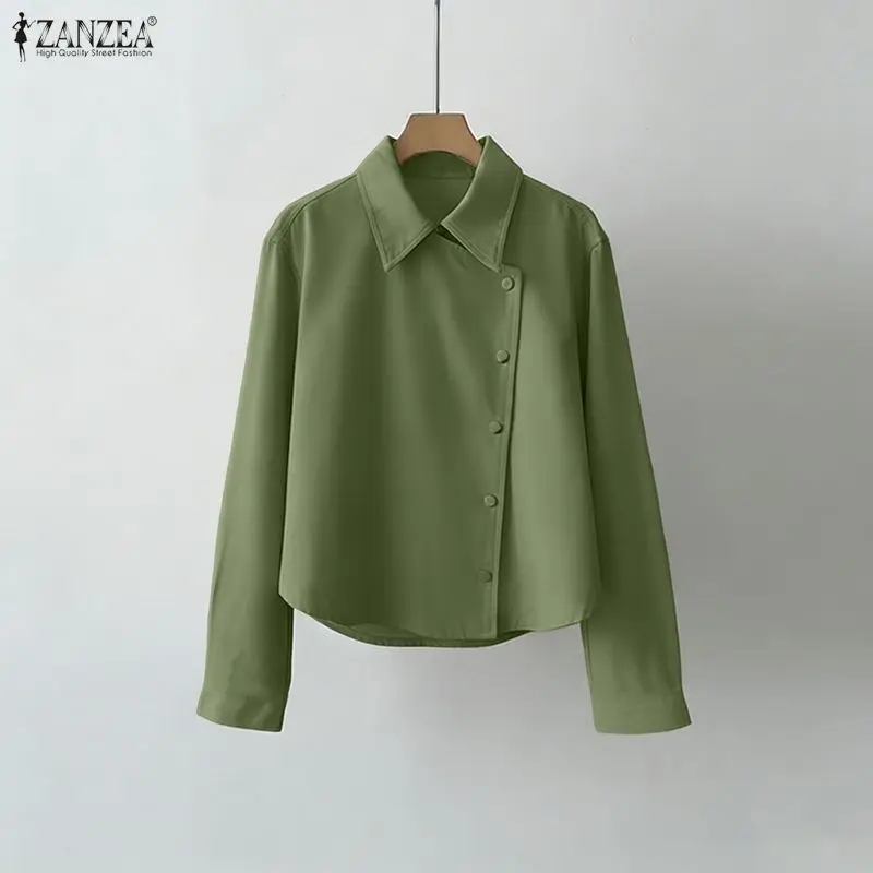 

Женские рубашки ZANZEA, модные элегантные офисные блузки с длинными рукавами и пуговицами, весенне-осенние повседневные однотонные топы с лацканами, оверсайз блузки