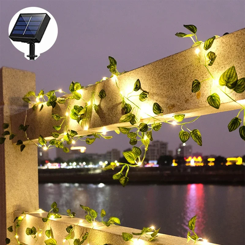 Solar Ivy łańcuchy świetlne LED Outdoor sztuczna winorośl Christmas Garland Fairy String lampa do roślin Maple Leaf Green Rattan String