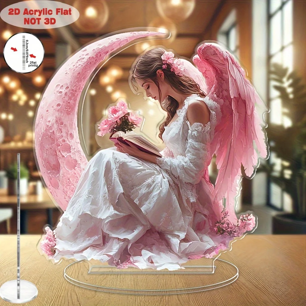 2D Flat - [2D Flat] 2D Planar Wave Bohemian Pink Angel Crescent Acrylic Statue - a Versatile Home And Office Decoration, Perfect
