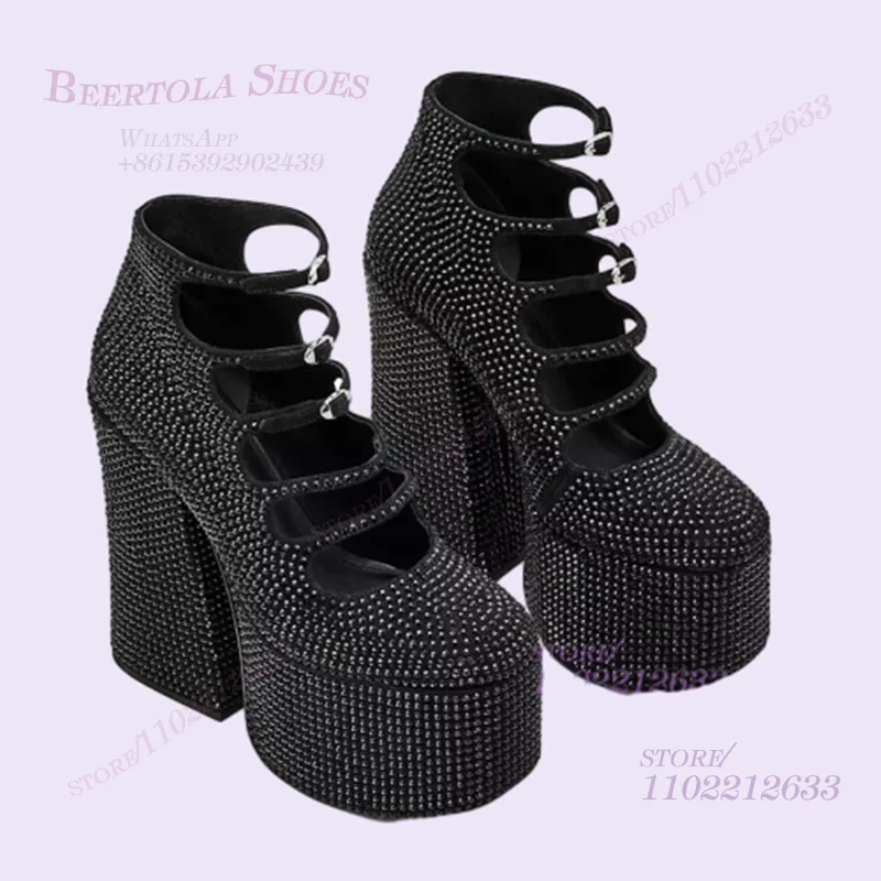 Black Patchwork Silver Crystal Platform Heel Bling Girls Chunky Cutout Stripes Ankle Buckle Sandal Spring Dress Dance Woman Shoe