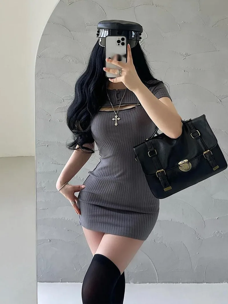 Pure Desire Style Sexy Chest Zipper Hollow Short Sleeve Dress Elegant Wrapped Hip Short Dress T Shirt Mini Dress Fashion CK7Y