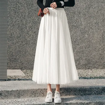 Black and White Tulle Maxi Skirt 5 New Women Mesh Elastic Tutu Skirt Beach Spring Summer Korean High Waist Fashion Pleated Long Skirt Black White Tulle Skirts 5