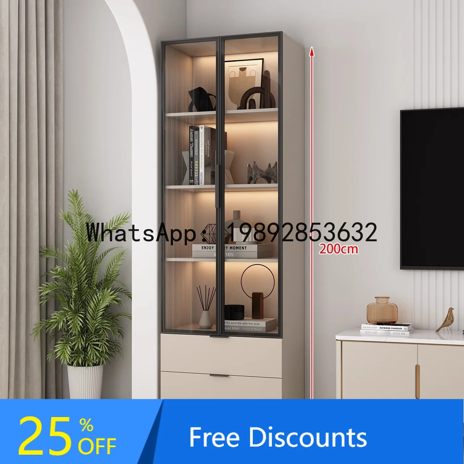 

CZ Bookshelf with Glass Doors Small Apartment Living Room Storage Cabinet, Floor-standing Storage and Display Cabinet