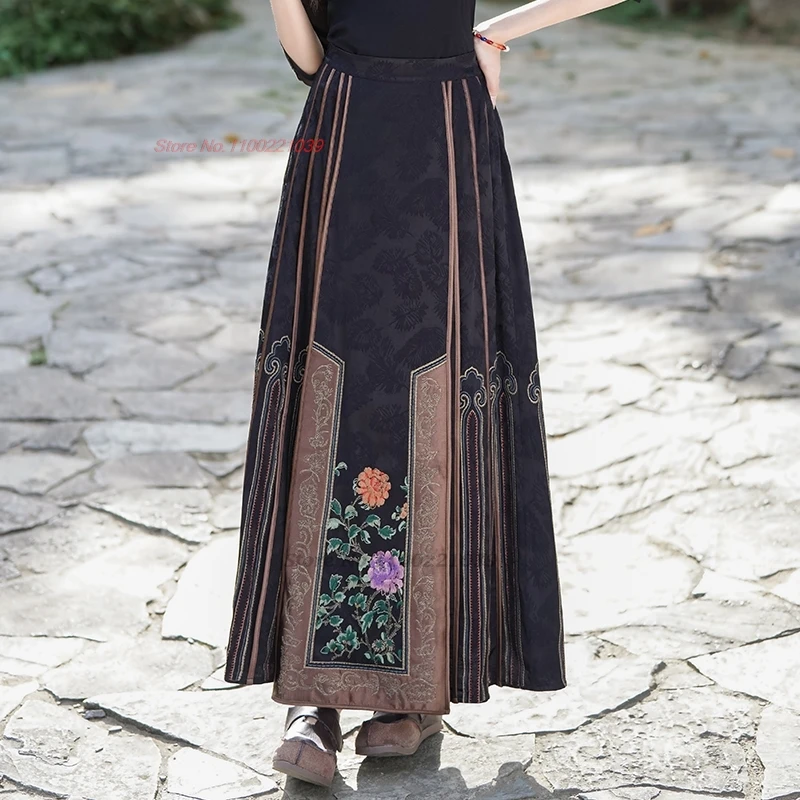 2025-chinese-vintage-skirt-national-flower-embroidery-satin-jacquard-skirt-traditional-elastic-waist-midi-skirt-horse-face-skirt