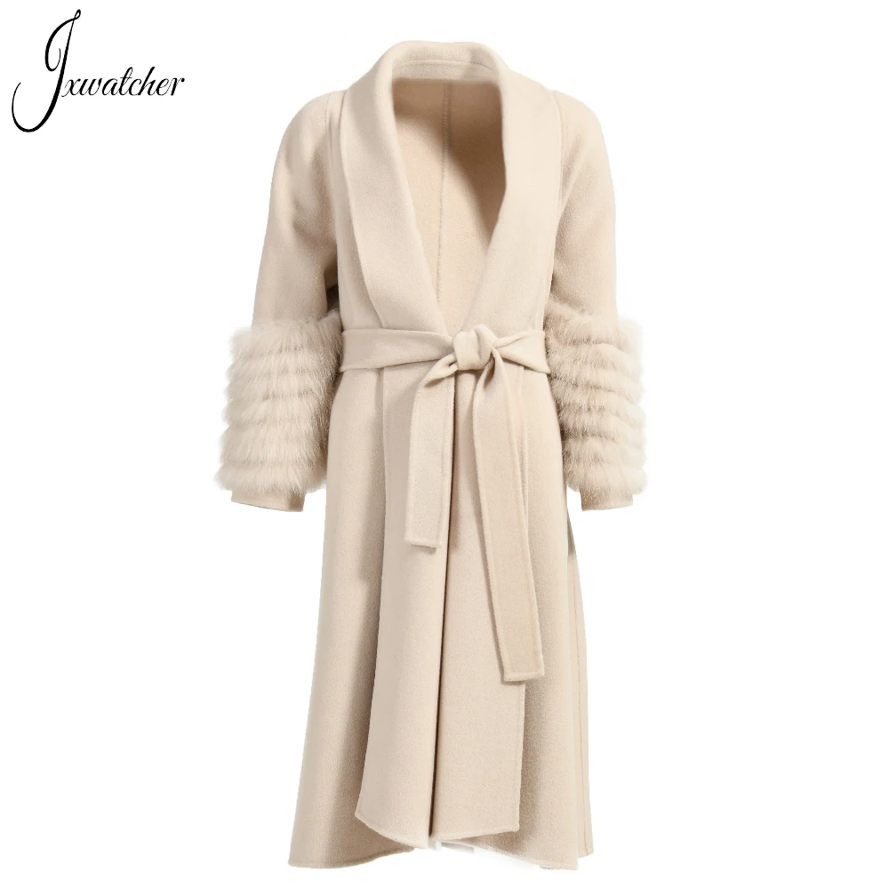 

Jxwatcher Women Winter High Quality Cashmere Long Coat Natural Fox Fur Cuffs Ladies Elegant Belt Slim Wool Blend Trench Coats