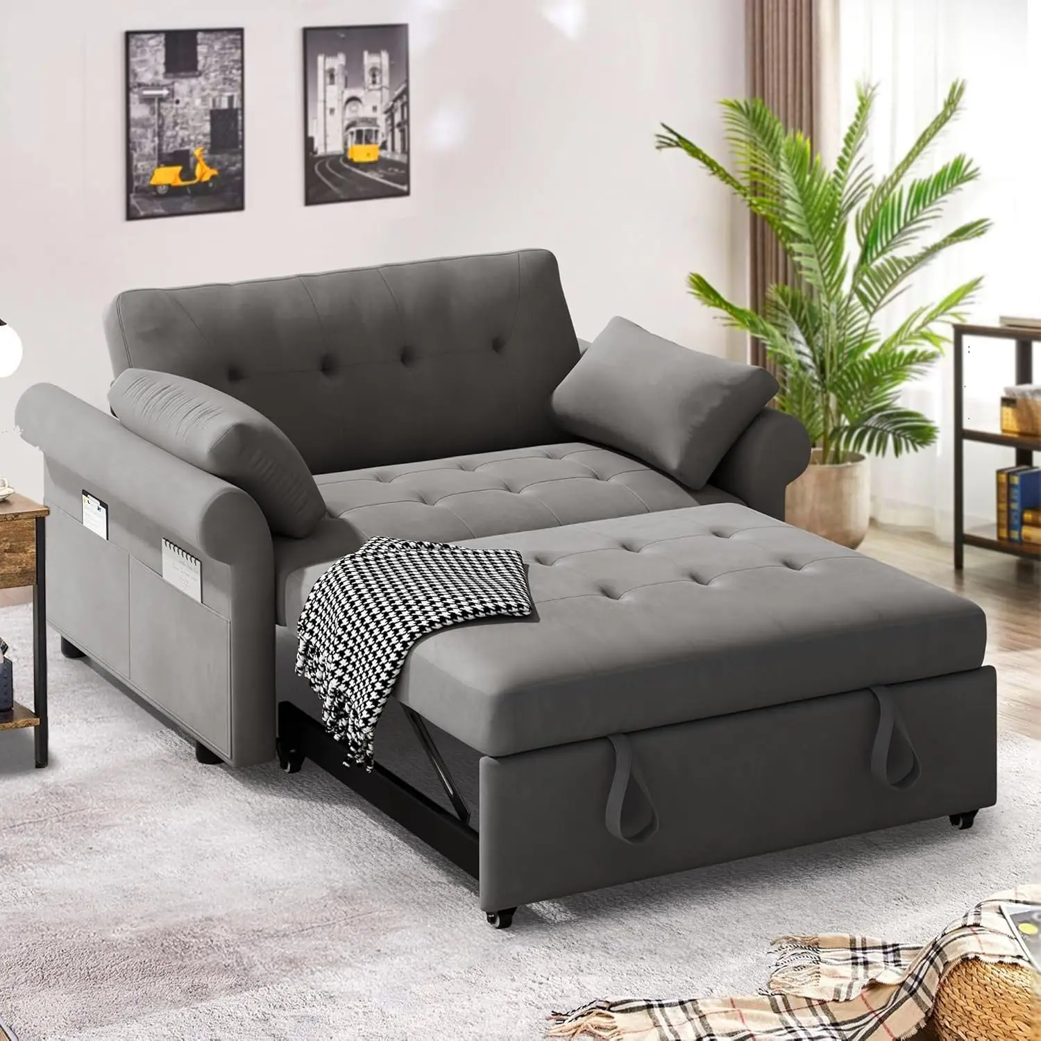 Sleeper Sofa Bed 3-in-1 Convertible Couch with Pullout Bed, 55'' Loveseat Sleeper Sofa Bed with Reclining Backrest