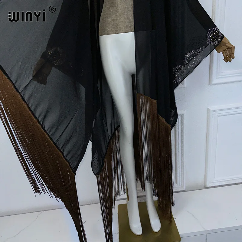 WINYI-Cardigan à manches longues avec pompons, kimono d'été, robe maxi, couverture de bikini, noir, sexy, perspective, perçage à chaud, vacances, plage