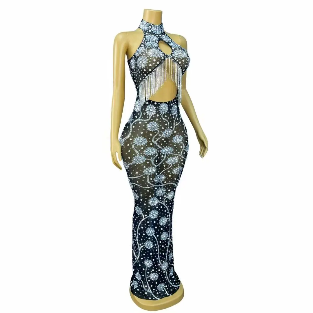 반짝이는 실버 라인스톤 크리스탈 체인 섹시한 투명 메쉬 드레스 여성 생일 저녁 파티 쇼 우아한 무대 드레스