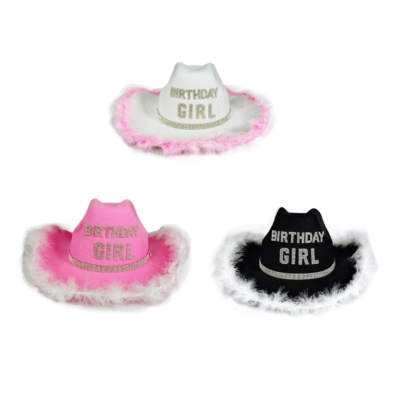 

Feathered Birthday Girl Hat with Adjustable Chin Strps Rhinestones Decoration Party Hat For Girl Birthday Dropshipping