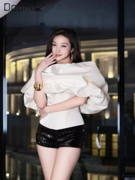 

2026 Spring Summer Three-Dimensional Puffy Ruched Bubble Short Sleeve Slimming Top French Ins Elegant Sweet Short Top for Women