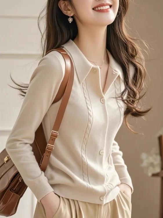 

Ele Long Sve Ne Knitted Sweater Women's Soft Gentle Sle French Faion Slim Fit Polyester Casual Wear