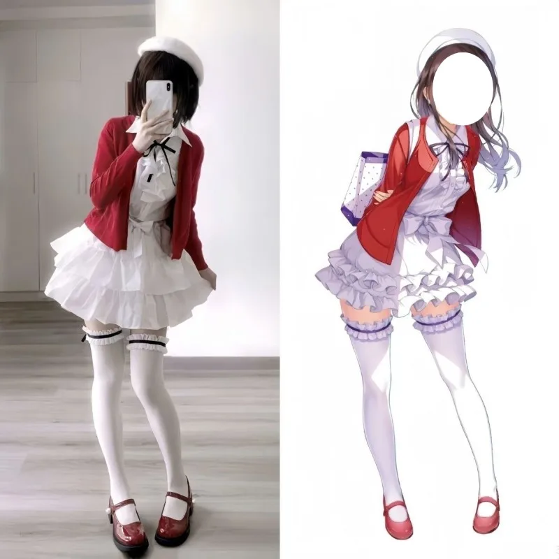 アニメ加藤恵コスプレ衣装赤いコート白いドレスベレー帽かわいい日常デート衣装ウィッグ女性用かわいい甘いスーツ