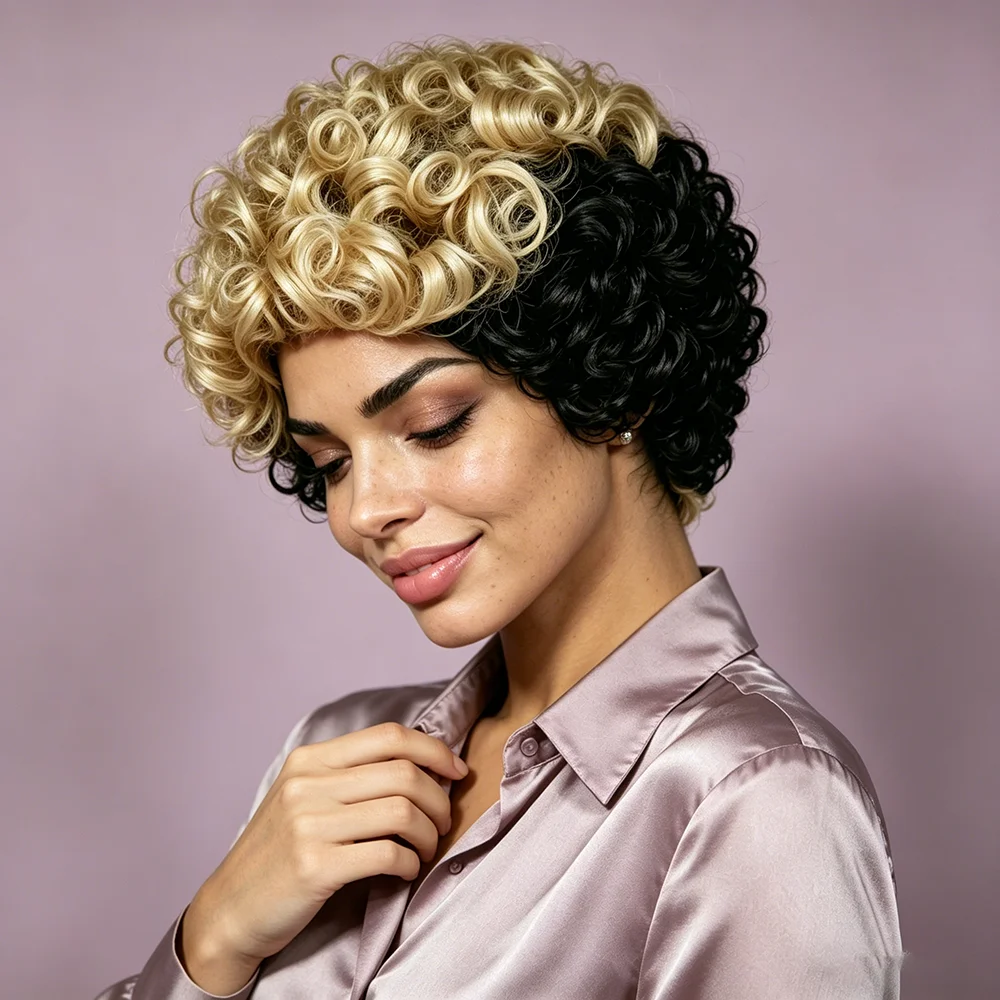

Short Pixie Curly Wig with Bangs 100% Real Human Hair Black And Blonde Kinky Curly Short Wig Full Machine Made Wig Daily Wear