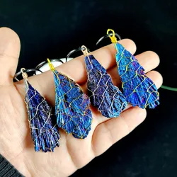 1PC Natural Stone Tourmaline Aura Wrap Gold Thread Blue Flame Irregular Feather Shape Healing Crystal Pendant Necklace Gift