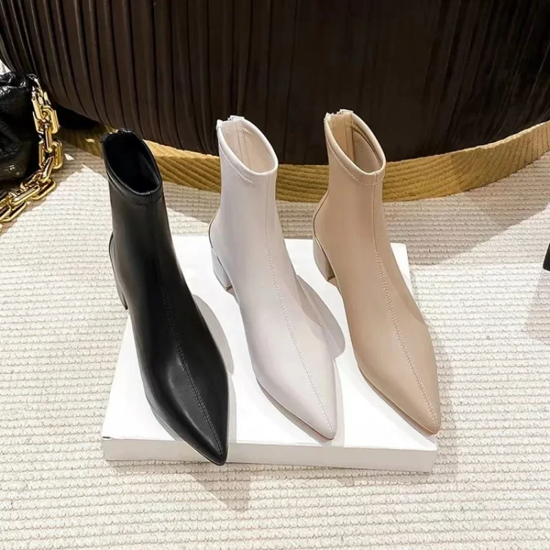 Elegant Women's Short Boots Z-Gate High Heels Tan Colour Slimming Boots Thick Heels White Naked Boots For Autumn Winter