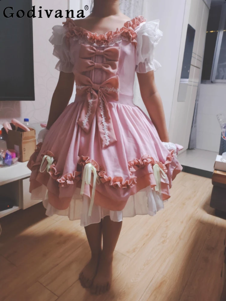 

Lolita Summer New Ruffles Short Sleeve Bow Daily Princess Dress Sweet Girls V-neck High Waist A-line Cute Pink Fairy Dresses