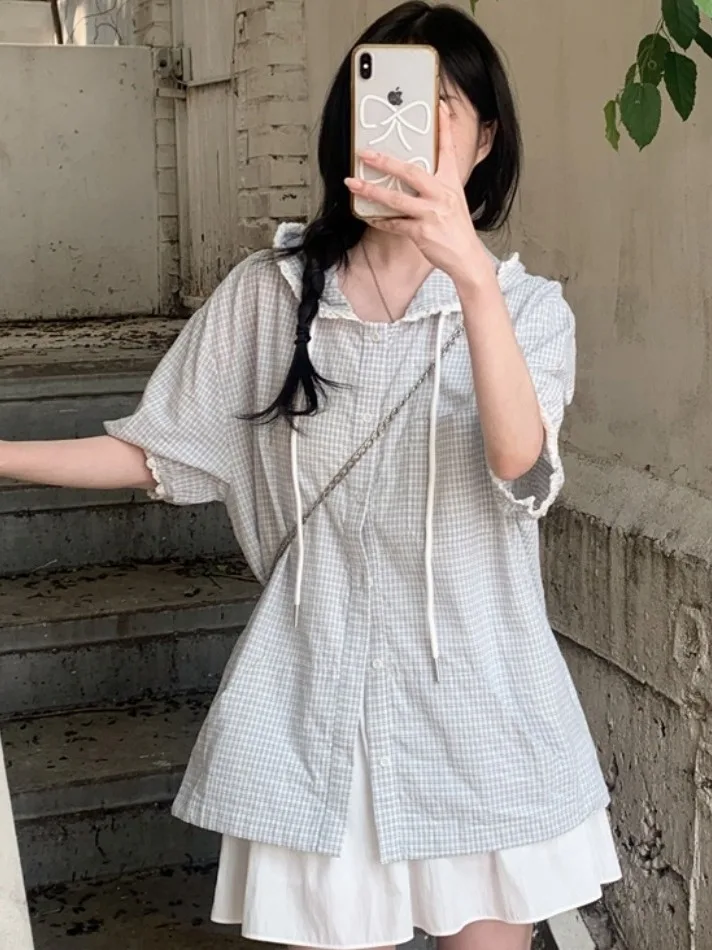 

Retro Anti-Aging Splice Lace Plaid Hooded Jacket Women Summer New Style Versatile Loose Top Spring Autumn Winter Regular Fit