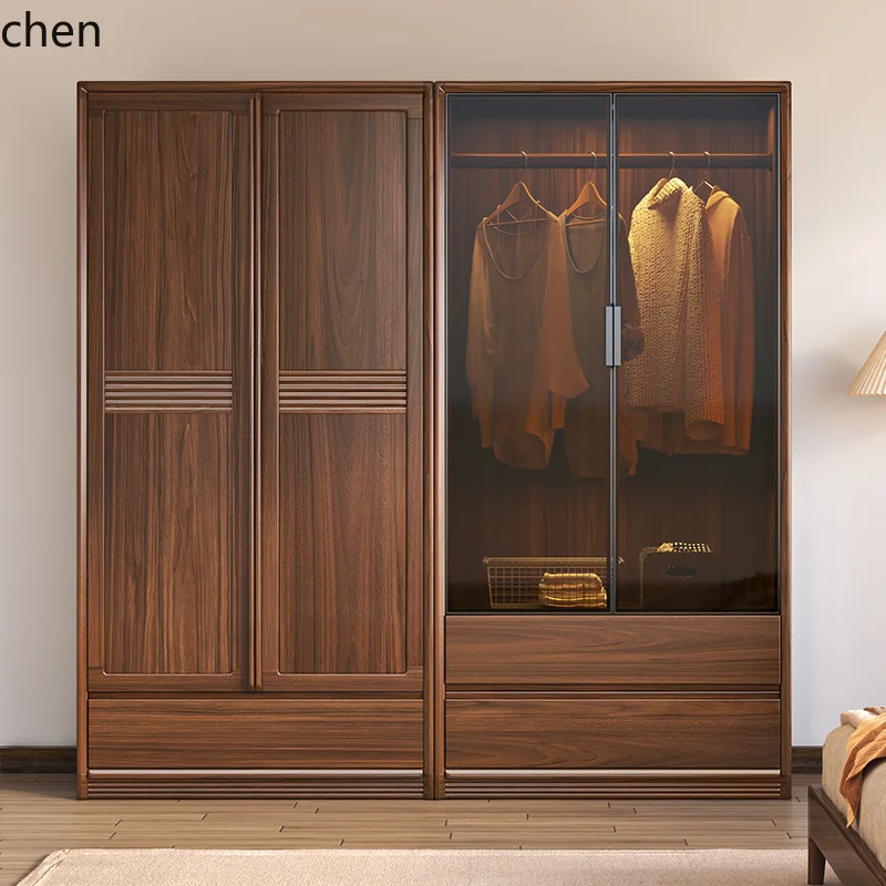 ZML Solid Wood Wardrobe Glass Modern Minimalist with Top Storage Cabinet Household Bedroom Storage Cabinet