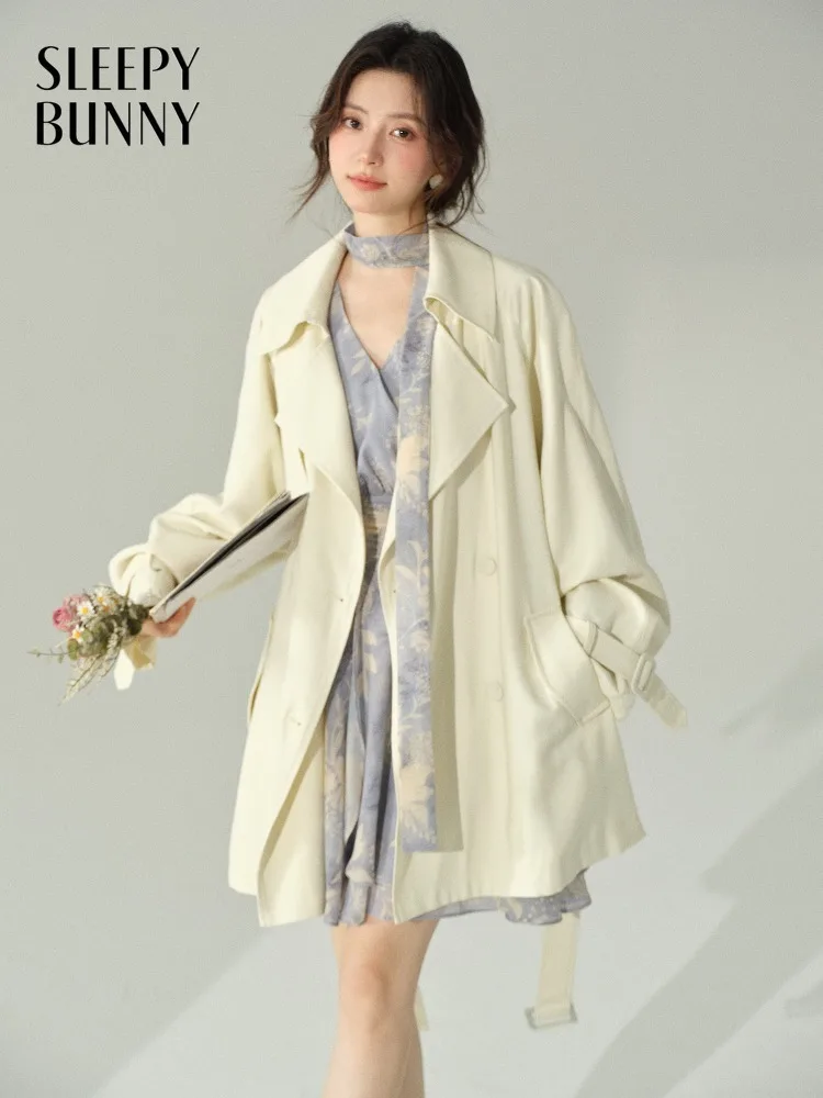 

Women Double Breasted Trench Coat Elegant Short Jacket Lapel Spring Outerwear Loose Fit Fashion Coat Lady Commuter Daily Outfit