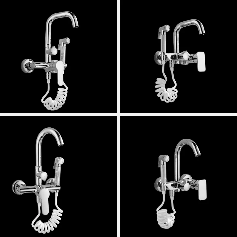 LANGYO Kitchen Vessel Sink Faucet Cold Hot Pull Out Spray Gun Wall Mount Chrome Taps Solid Brass Faucets