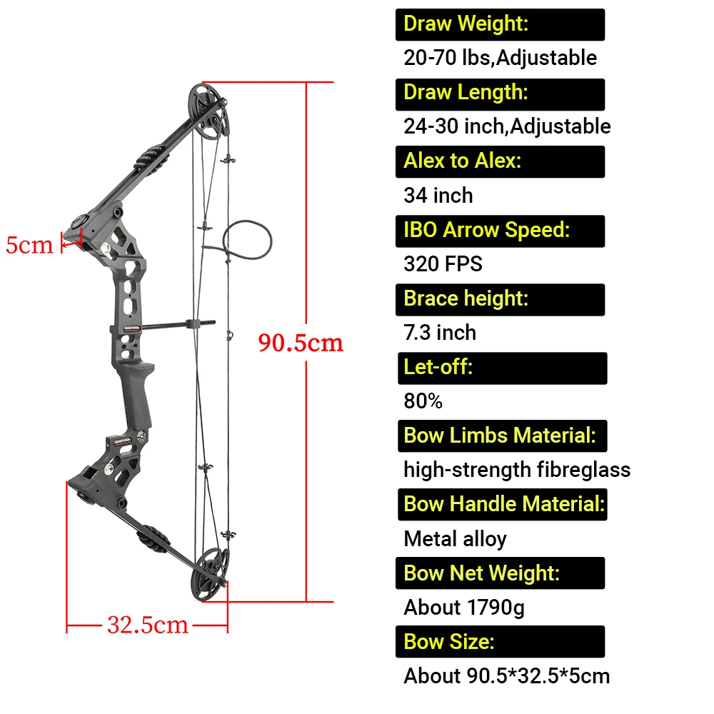 Compound Bow Arrow Set 20-70 lbs Adjustable Archery Powerful Pulley Bow Metal Alloy Bow Riser Right Left Hand Shooting Hunting