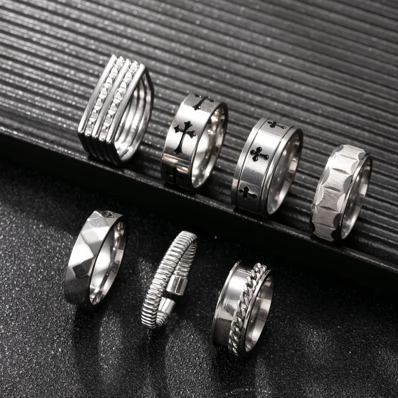 Triple‑row Embossed Strip Stainless Steel Men Ring, Brushed Textured Wide Band Structure, Minimalist Solid‑build Finger Jewelry