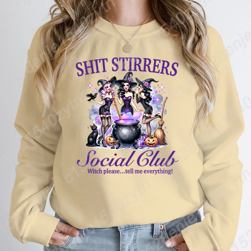 Sudaderas sin capucha de cuello redondo para mujer, jerséis de Color puro con estampado de Club Social, Stirrers de pesadilla de brujas de Halloween, Otoño e Invierno