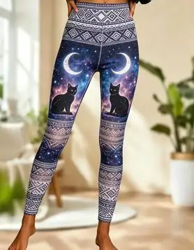 Women Mid‑Rise Fleece Lined Leggings, Halloween Mystic Galaxy Cat Moon Tribal Print Slim Elastic Trousers