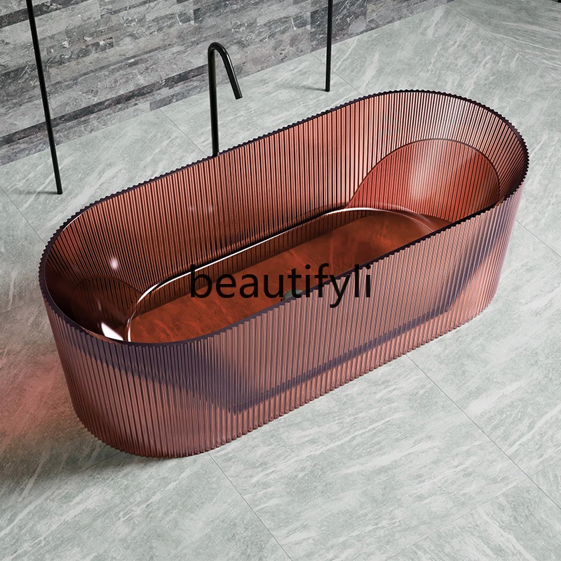 Transparent resin bathtub Independent vertical striped crystal oval bathtub