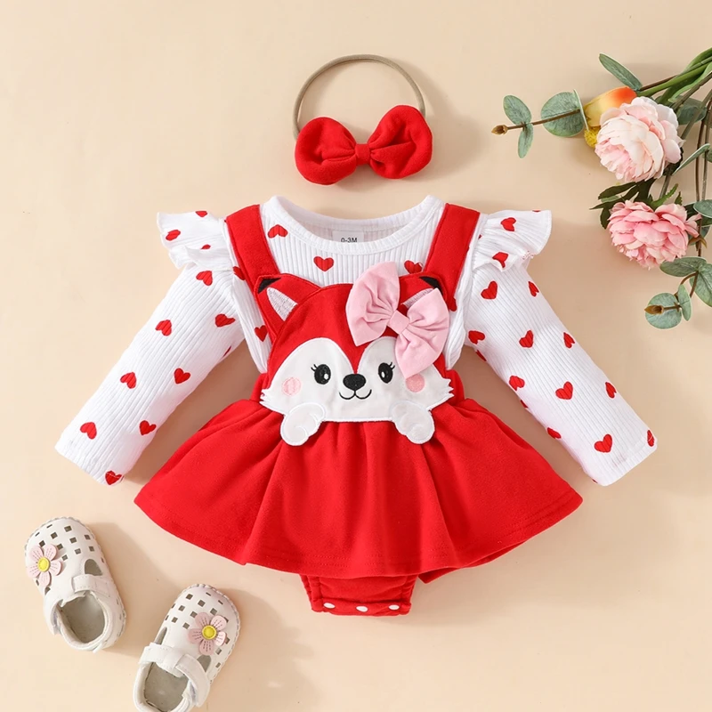 Baby Girls Christmas Clothes Cartoon Embroidered 3D Bow Romper Dress Long Sleeve Skirt Hem Bodysuits Headband 2Pcs Sets Outfit