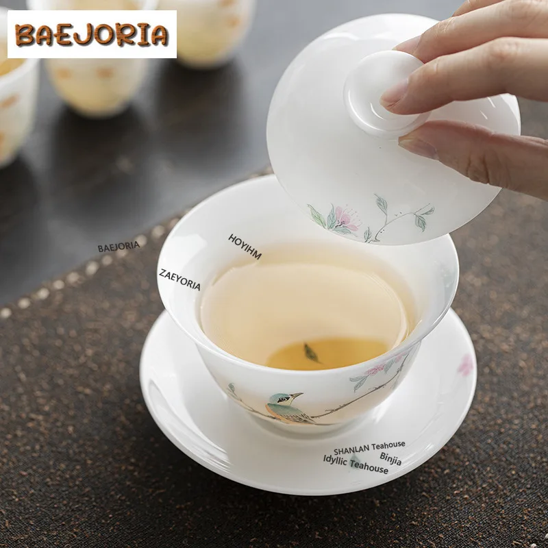 BAEJORIA 135ml Boutique Ice Seed Jade Porcelain Gaiwan Hand-painted Flower And Bird Tea Tureen Household Tea Maker Cover Bowl