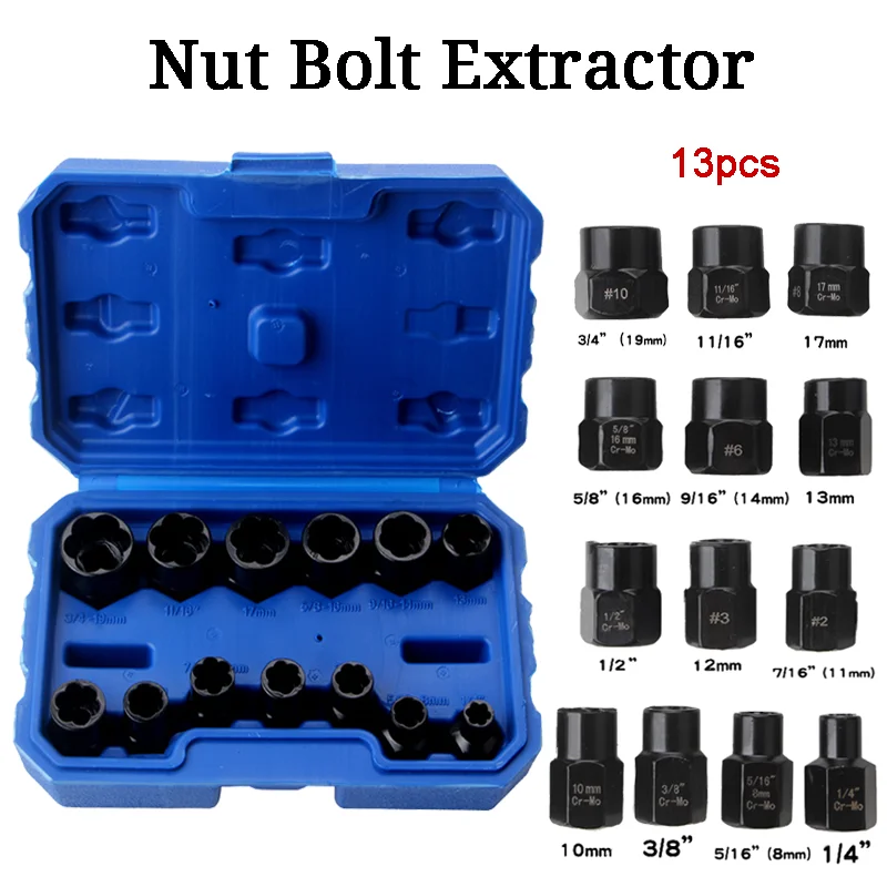 13 Piece Nut Extractor Socket Impact Bolt Nut Damaged Screw Remover Tool Set Socket Wrench Kit 6.35 -19m Box dropshipping